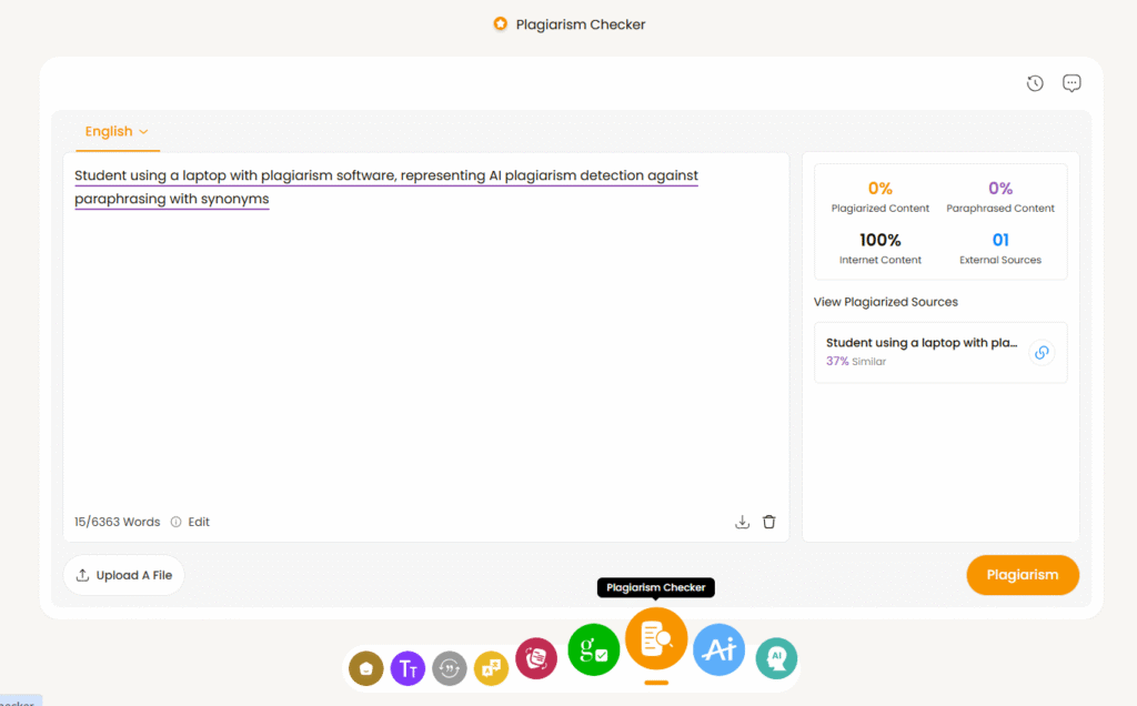 Student using a laptop with plagiarism software, representing AI plagiarism detection against paraphrasing with synonyms